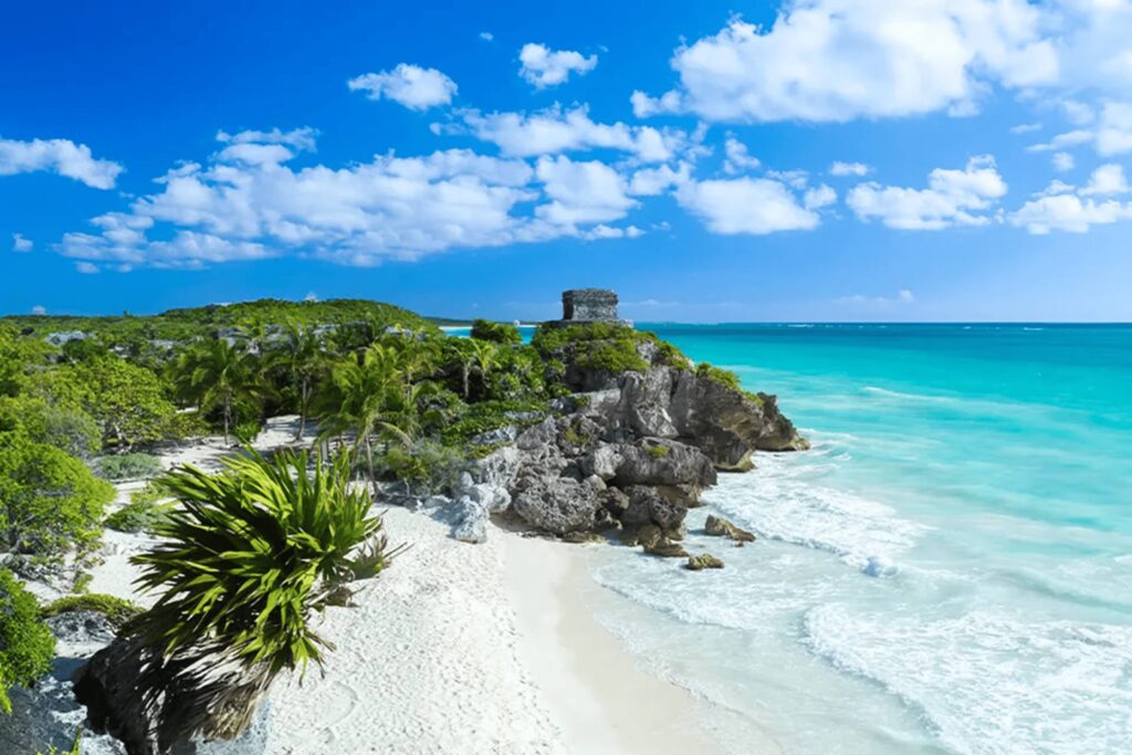 Tulum beach and Mayan ruins overlooking the Caribbean Sea